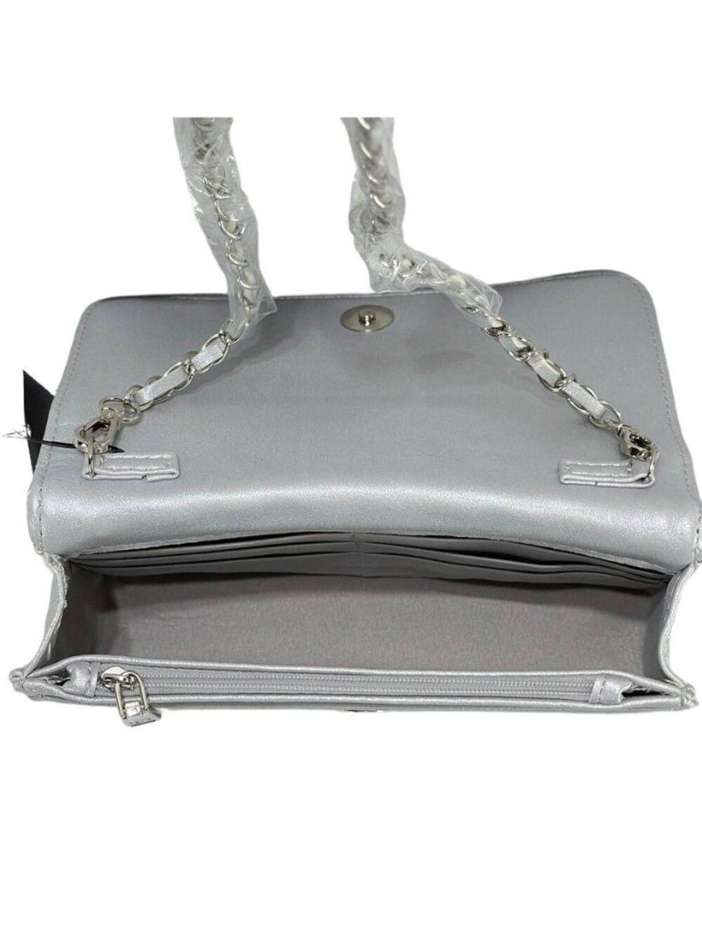 Studio Badgley Mischka Quilted Silver Crossbody Bag With Chain Strap - Picture 9 of 13